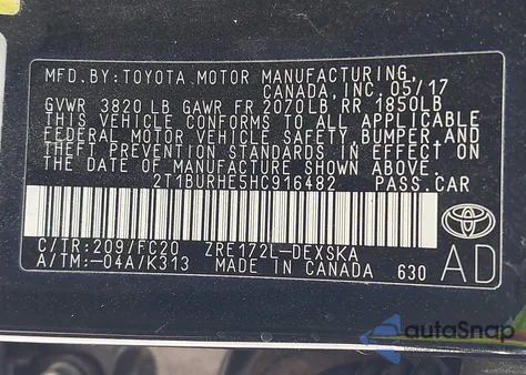 2017 Toyota Corolla Se from USA, damaged, VIN 2T1BURHE5HC916482